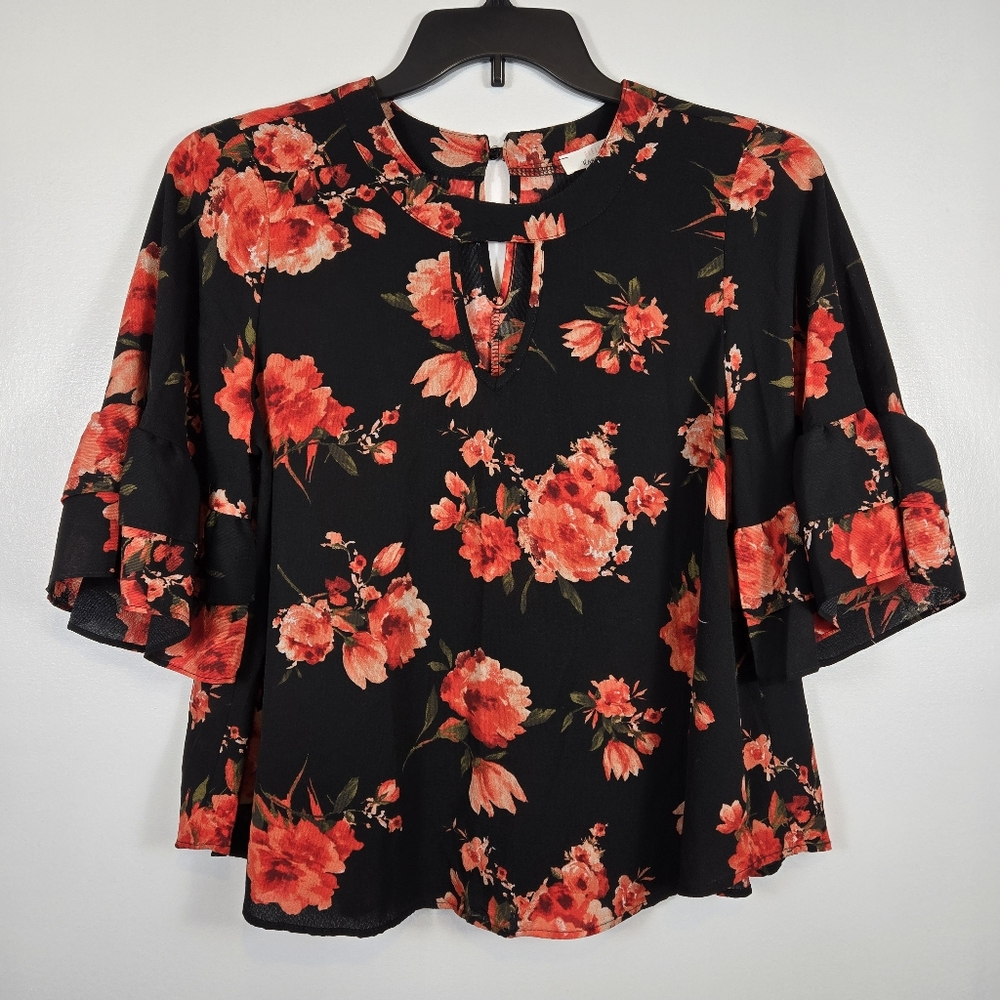 Urban Romantics Black Red Rose Bell Sleeve Key Hole Blouse Top Size Medium